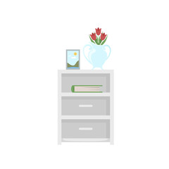Cozy design home interior elements. Blue vase with red flowers, picture with nature landscape standing on the wooden nightstand, book in green cover. Vector illustration isolated on white background