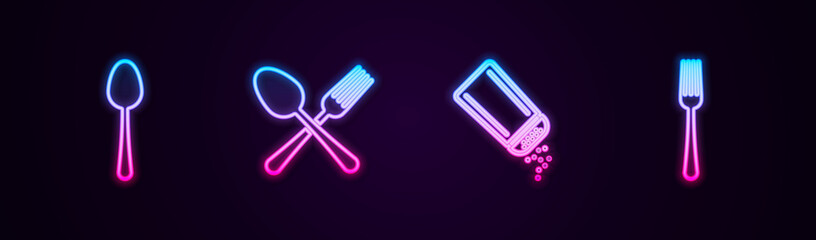 Set line Spoon, Crossed fork and spoon, Salt pepper and Fork. Glowing neon icon. Vector