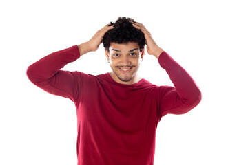 Cute african american man with afro hairstyle wearing a burgundy T-shirt