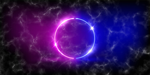 Obraz premium Pink and blue neon circle with light on black marble background. Round electric frame. Geometric fashion design vector illustration. Empty minimal ring, abstract art decoration on stone pattern