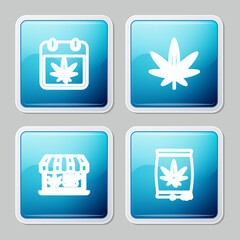 Set line Calendar and marijuana, Marijuana or cannabis leaf, Online buying and seeds icon. Vector