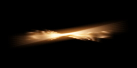 Gold light glow on black horizontal background. Golden bright flare shining vector illustration. Flash of light with ray beams in space. Sunshine sparkles and lines effects