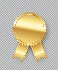 Golden stamp with ribbons isolated on transparent background. Luxury seal. Vector design element.