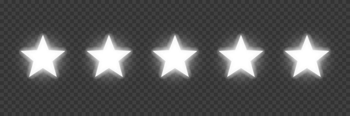Five silver award stars on transparent background. White neon prize elements. Champion glory in competition vector illustration. Hollywood fame in film and cinema or championship in sport