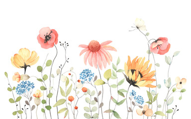 Summer banner with colorful wildflowers and abstract green plants, isolated watercolor illustration for card, border, wallpaper, poster or template your design.