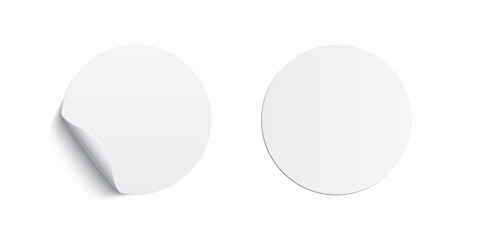 White glued round stickers curling set. 3d circular shaped blank paper labels vector illustration. Wrinkled crumpled bad badge with peel effect and good even on white background