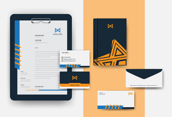 Corporate Brand Identity Mockup set with digital elements. Classic full stationery template design. Editable vector illustration. Letterhead, business card, envelop, Paper Clipboard Hardboard set.