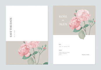 Floral wedding invitation card template design, pink rose with leaves