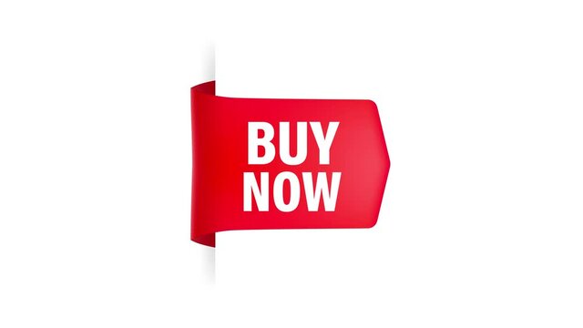 Red buy now ribbon on black background. Buy offer sticker. Motion graphics.