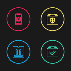 Set line Cardboard box with traffic, Package check mark, Delivery security shield and Mobile app tracking icon. Vector
