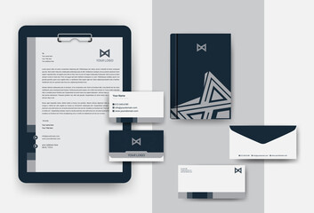 Corporate Brand Identity Mockup set with digital elements. Classic full stationery template design. Editable vector illustration. Letterhead, business card, envelop, Paper Clipboard Hardboard set.