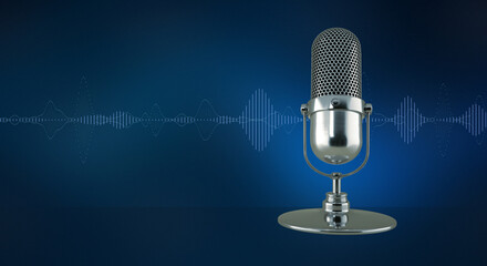 Microphone and sound wave on blue background.
