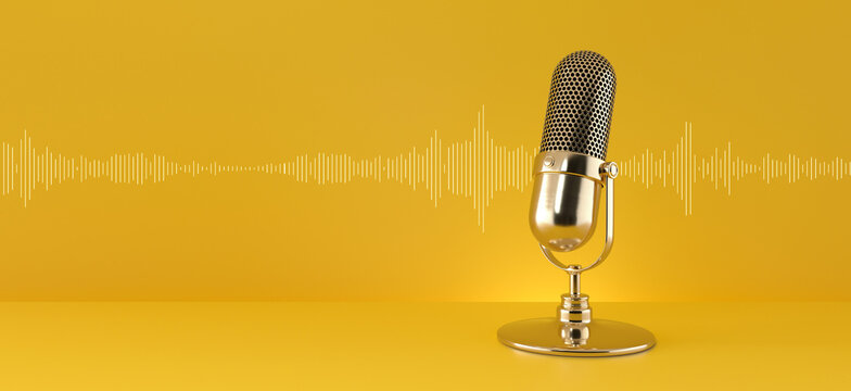 Gold microphone and sound wave on yellow background.