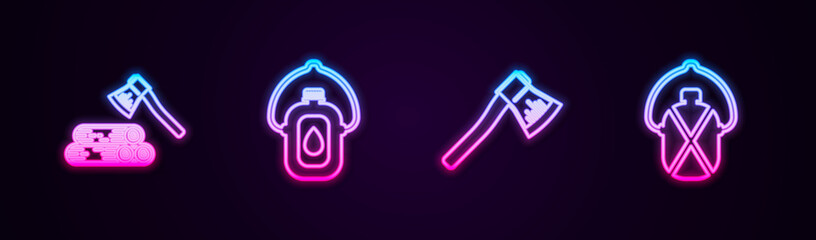 Obraz premium Set line Wooden axe and wood, Canteen water bottle, and . Glowing neon icon. Vector