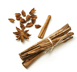 cinnamon stick and star anise on white background.Scented spices