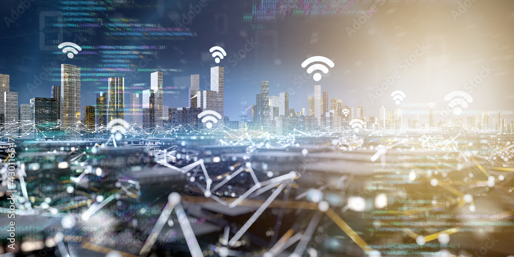 Poster smart city with wifi network and communication connection - 3d rendering