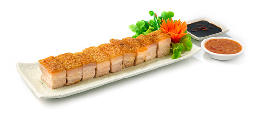 Crispy Belly Pork Hong Kong Style Brown Skin so Crispy served Black Soy Sauce and Seafood dipping...