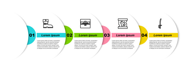 Set line Leather pirate boots, Antique treasure chest, Pirate map and sword. Business infographic template. Vector
