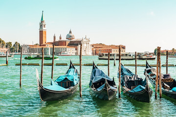 historic center of Venice is waiting for tourists against the backdrop of gondolas. Sea view from...
