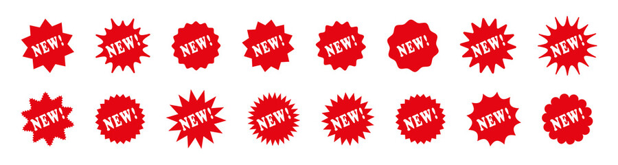 New arrival price stickers. Star burst boxes. Vector. Discount promo stamps. Circle, round tag product labels. Red splash badges. Set starburst shapes isolated on white background. Flat illustration.
