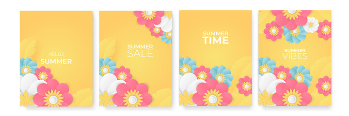 Vector set of blue yellow orange green social media stories design templates, backgrounds with copy space for text - summer flower leaf landscape