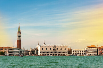 Obraz premium Sea view from Piazza San Marco in Venice, with the bell tower of St. Mark in the background. Venetian Lagoon with the Basilica of Santa Maria della Salute, entrance to the Grand Canal