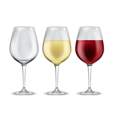 Wine glass. Empty with red or white grape beverage glasses, half filled alcoholic drink in elegant transparent wineglass. Realistic winery collection, 3d vector isolated illustration