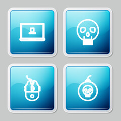 Set line Laptop, Skull, Computer mouse gaming and Bomb ready explode icon. Vector