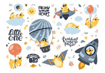 Set of funny bears, cute animals flying on an airplane, air balloon, cloud, handmade wings. Lettering inspiration phrases. Cartoon teddy illustration isolated on white background. Vector