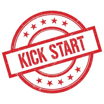 KICK START text written on red vintage round stamp.