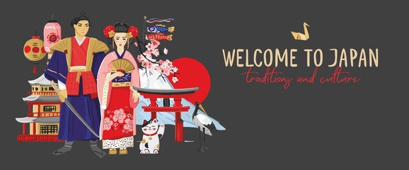 Fototapeta premium Welcome to japan lettering. Banner with Japanese symbols in sketch style isolated on beige. Poster with a geisha, a samurai, oriental architecture, sakura branches, Mount Fuji. Vector illustration