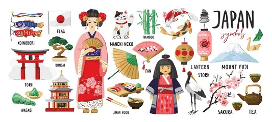 Big set of decorative symbols of culture, art, traditions, history, nature of Japan. Traditional Japanese elements for decoration of souvenirs, promo goods, tourist guides, maps. Vector illustration.