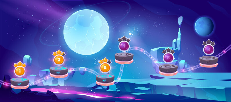 Space game level map with platforms, alien landscape and planets in sky. Vector background for gui interface of arcade game with cartoon illustration of cosmos and completed stages with stars