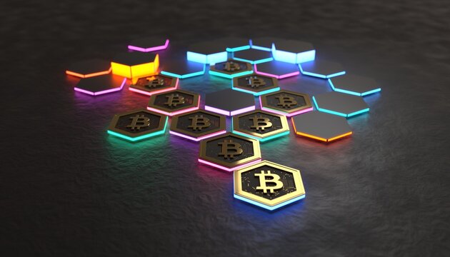 Various bitcoins on a dark stone background. Concept of cryptocurrency.  3D render / rendering.