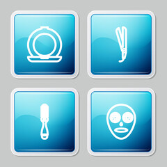 Set line Makeup powder with mirror, Curling iron, Hairbrush and Facial cosmetic mask icon. Vector