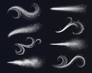 Cold wind air streams. Realistic winter breath flows with snowflakes, visual physical effects and dynamic curve forms, swirling smoke, particle flows, weather processes vector isolated set