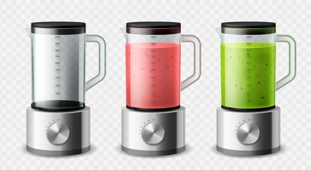 Realistic blender. Isolated 3d steel mixer empty and with different types fruit detox smoothies, kitchen appliances, cooking food electronics equipment, kitchenware device vector isolated set