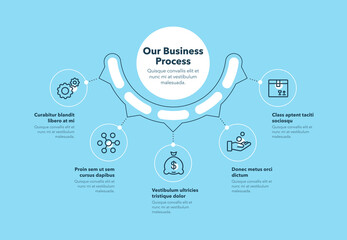 Simple concept for business process diagram with five steps and place for your description - blue version. Flat infographic design template for website or presentation.