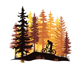 Silhouette of mountain bike rider in wild nature landscape. Forest background. Orange, yellow and brown illustration.