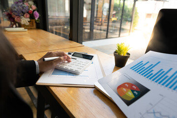 bookkeeper or financial inspector hands making report, calculating or checking balance. Home finances, investment, economy, saving money or insurance concept