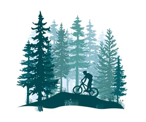 Papier Peint photo Lavable Montagnes Silhouette of mountain bike rider in wild nature landscape. Forest background. Blue illustration.