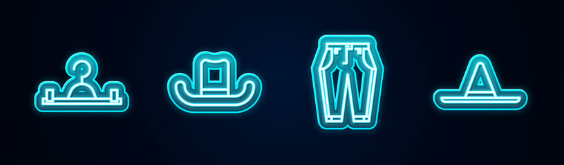 Set line Hanger wardrobe, Man hat, Pants and Gardener worker. Glowing neon icon. Vector