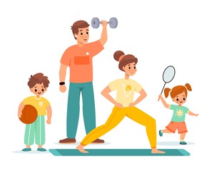 Sport family. Happy children and parents training, gymnastic, badminton and fitness, active leisure, couple and kids. Boy and girl with adults healthy lifestyle vector cartoon concept