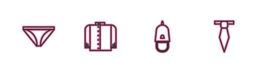 Set line Men underpants, Police cap with cockade, T-shirt and Tie icon. Vector