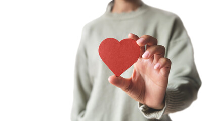 Red heart on the girl hand. Symbol of support that expresses love. Caring, Valentine day and world...