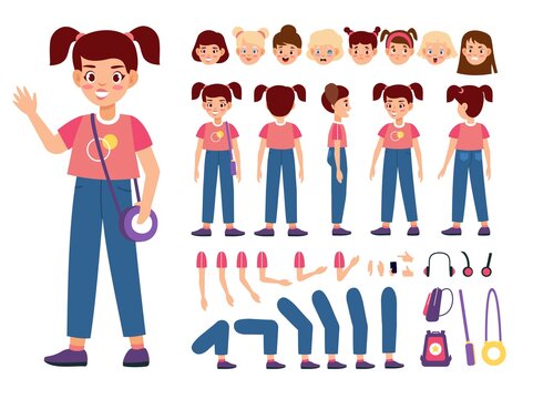 Child constructor. Happy girl with additional body parts and accessories, kid emotions and hairstyles, new poses, easy elements setting, collection for animation vector cartoon isolated set