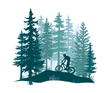 Silhouette of mountain bike rider in wild nature landscape. Forest background. Blue illustration.