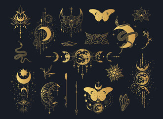 Mystical moon golden collection. Gold Spiritual tattoo. Celestial prints.