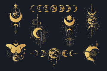 Golden Celestial moon collection. Spiritual tattoo. Gold Mystical lunar prints.