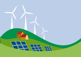 Vector sustainable development background. Houses in the hills with solar panels and wind turbines.